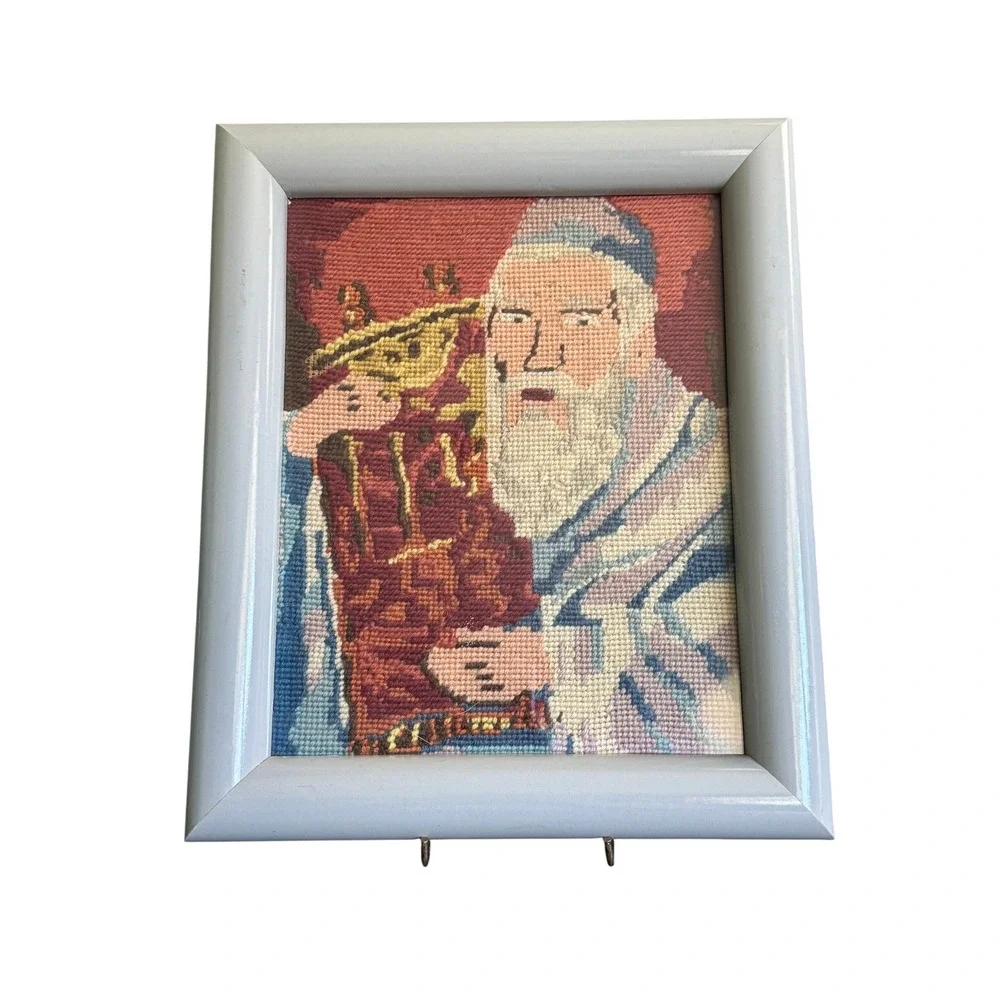 Vintage Jewish Rabbi Holding Torah Needlepoint Framed Judaica Wall‎ Art Decor